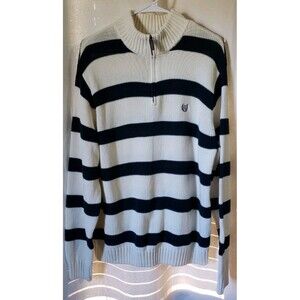 Ralph Lauren CHAPS Men's Large Rugby Striped Cotton Quarter-Zip Sweater Chunky